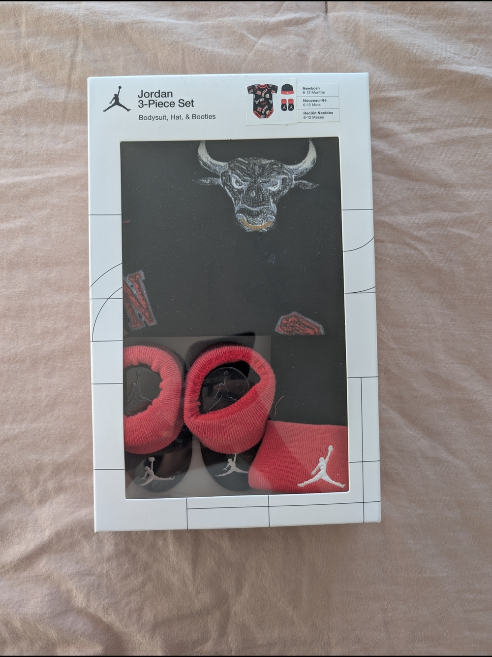 Jordan 3-Piece Baby Set – Black & Red Bodysuit, Hat & Booties
